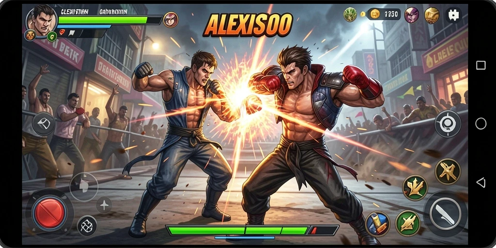 Screenshot utama ALEXIS500 menampilkan aksi pertarungan seru dan dramatis.