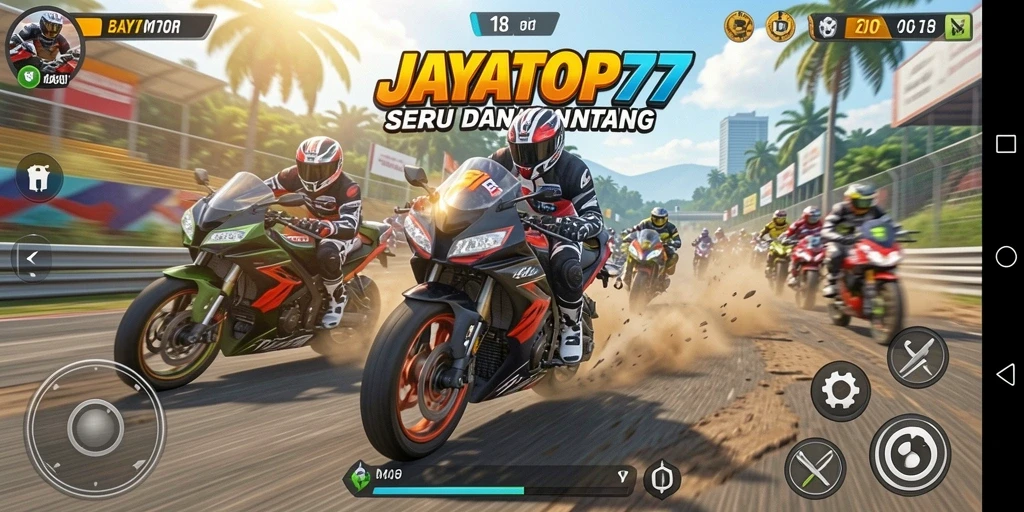 Tampilan gameplay JAYATOP77 dengan balapan motor yang cepat dan mendebarkan.